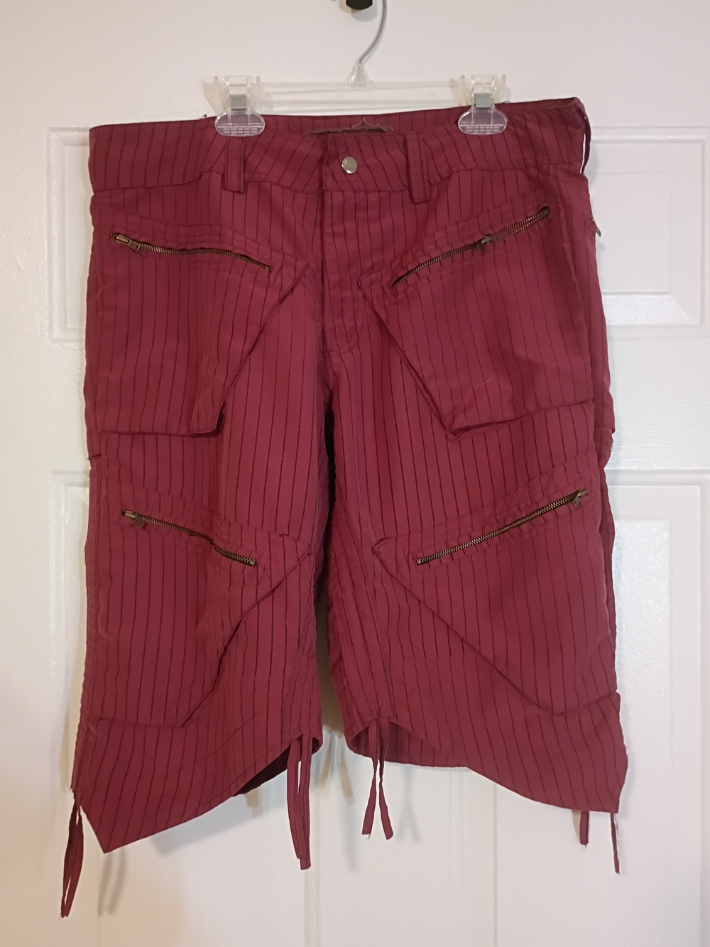 Men's Burgundy Pinstripe Cargo Shorts with Zipper Pockets